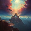 liebevoll gezeichnete Steampunk Burg auf einer Bergspitze mit dramatischer Aussicht,Wallaper,CGI Kunst