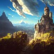 liebevoll gezeichnete Steampunk Burg auf einer Bergspitze mit dramatischer Aussicht,Wallaper,CGI Kunst
