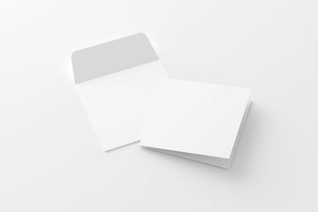 Square Folded Invitation Card With Envelope White Blank 3D Rendering Mockup