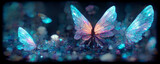 large stunningly beautiful fairy wings Fantasy crystal glass glitter butterfly sits on a light blue stone. The insect casts a shadow on nature.The insect has many geometric angles.3d render