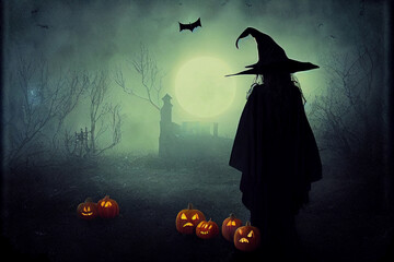 Wall Mural - Digital illustration of a witch with hat in a spooky forest with bats and Halloween pumpkins.