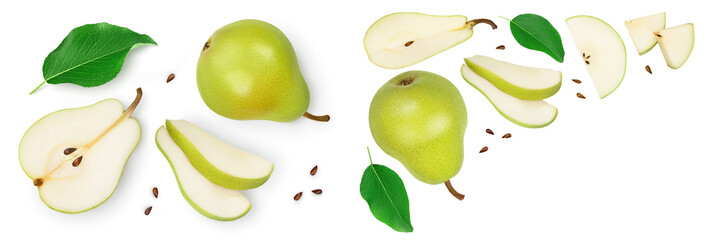 Wall Mural - Green pear fruit with half and slices isolated on white background. Top view. Flat lay