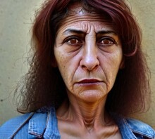  50 Year Old Female Delivery Truck Driver Born In Tehran, Iran With Brunette With Auburn Highlights Hair Color, Dark Brown Eyes, Round Face Shape