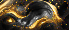 Spectacular Image Of Black And Golden Liquid Ink Churning Together, With A Realistic Texture And Great Quality For Abstract Concept. Digital Art 3D Illustration.