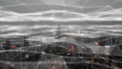 Leinwandbilder - Futuristic, web hologram of urban city for 5g internet, networking wifi or information technology cybersecurity and drone infrastructure. Cloud computing in sky, digital 3d graphic and ai innovation