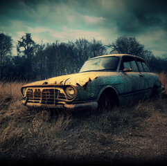 Abandoned vintage car in a rusty condition. 3D illustration