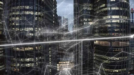Futuristic 5g web, night city and network drone overlay for networking wifi or global information technology. Digital software innovation, connection and science fiction or scifi 3d cloud computing