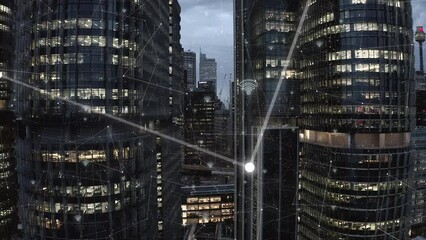 Poster - Business, internet and wifi in futuristic city with connection, network and digital web. Social network, digital marketing and ecommerce in smart city with future and innovation in new technology