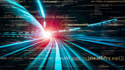 Software development, application programming code and tacit computer coding . Concept of smart digital transformation and technology disruption that changes global trends in new information era .