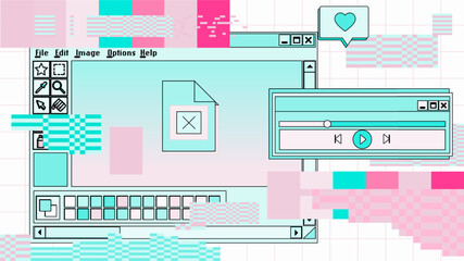 Poster - Collage of user interface elements in pastel pink colors. Vaporwave retro style collage of icons and window boxes.