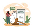 © Rudzhan - Online auction concept. Woman sells goods on Internet, counts down time for sale of slot. Offer, bid and marketing. Hammer close deal, successful negotiations. Cartoon flat vector illustration
