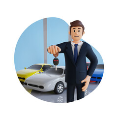 businessman giving a car key 3d character illustration