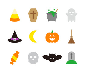 Wall Mural - Set of cute icon illustrations for Halloween day concept in autumn season. Pumpkin, bat, ghost, candy, coffin, witch, magic, moon, broom, skull, grave, tombstone, headstone, hat.