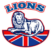 Illustration Of A Lion Sitting On Fours  With British Great Britain Union Jack Flag In Background