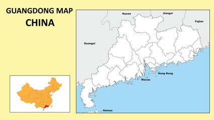  Guangdong Map of China. State and district map of Guangdong. Political map of Guangdong with outline and black and white design.