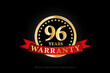 96 years warranty golden logo with ring and red ribbon isolated on black background, vector design for product warranty, guarantee, service, corporate, and your business.