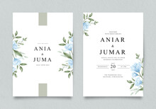 Wedding Invitation Template With Blue Flowers And Green Leaves