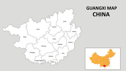 Sticker - Guangxi Map of China. State and district map of Guangxi. Administrative map of Guangxi with the district in white color.