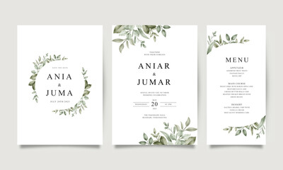 set of elegant wedding invitation templates with greenery watercolor