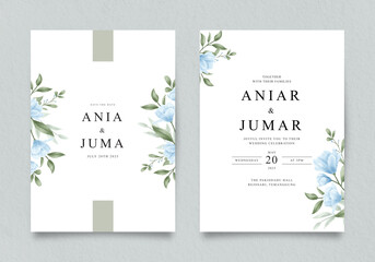 Wall Mural - Wedding invitation template with blue flowers and green leaves