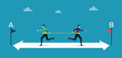 Bad team work, organization and miscommunication leading to failure for all, two businessmen run on arrow opposite directions