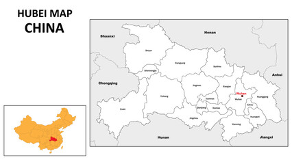 Poster - Hubei Map of China. State and district map of Hubei. Administrative map of Hubei with district and capital in white color.