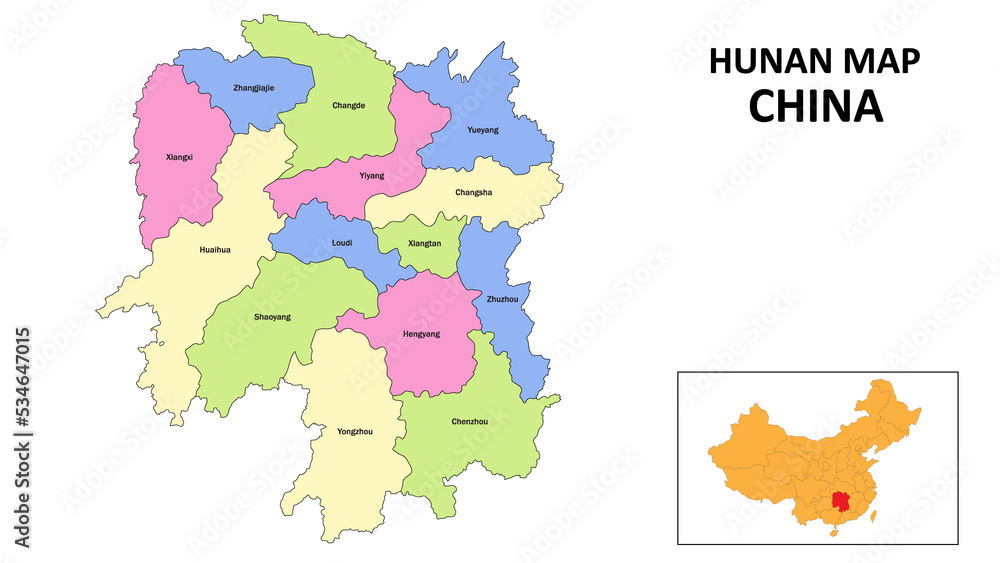 Custom Hunan Map Hunan Map of China. State and district map of Hunan. Detailed colorful ...