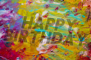 Abstract Natural Luxury art, fluid painting with Happy Birthday text, alcohol ink technique. Image incorporates the swirls of marble granite.