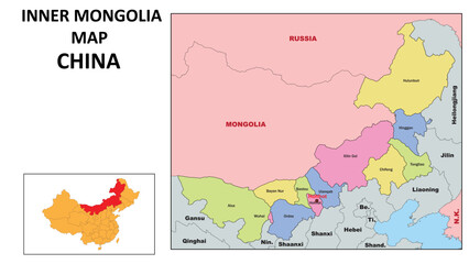  Inner Mongolia Map of China. State and district map of Inner Mongolia. Political map of Inner Mongolia with country capital.