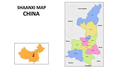 Wall Mural - Shaanxi Map of China. State and district map of Shaanxi. Political map of Shaanxi with country capital.