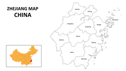 Canvas Print - Zhejiang Map of China. State and district map of Zhejiang. Administrative map of Zhejiang with the district in white colour.