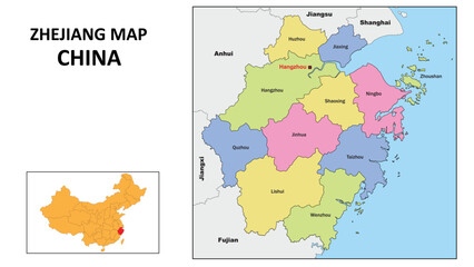 Wall Mural - Zhejiang Map of China. State and district map of Zhejiang. Political map of Zhejiang with country capital.