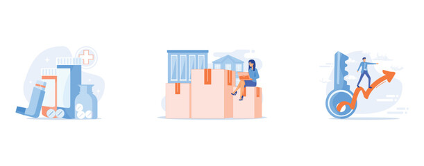 Pharmaceutical products, Relocation services, Business strategy planning, set flat vector modern illustration