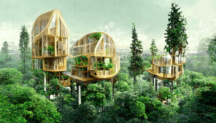 Spectacular image of a sustainable tree house surrounded by greenery in the woods for ESG concept. Eco-friendly house with modern design and solar panel on a tree. Digital art 3D illustration.