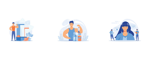 Wall Mural - bodybuilder with sports nutrition plastic containers with protein powder, tiny people doctor with sy