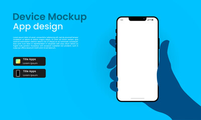 Modern hand holding smartphone on blue background. Smartphone device mockup for UI UX app presentation. Vector Illustration