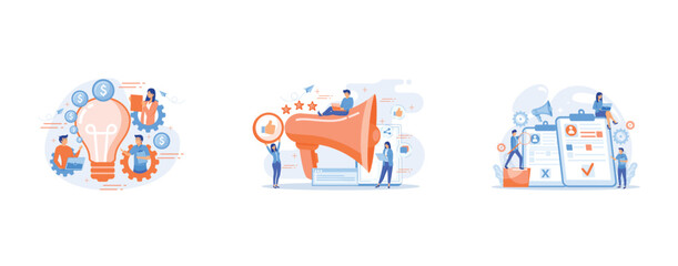 Wall Mural - business people in gears with laptops working and lightbulb, users with like and share icons and meg