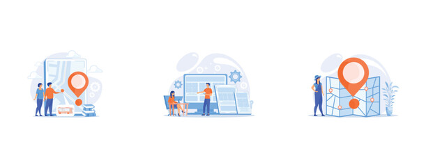 Wall Mural - Exhausted, frustrated worker, burnout, Adaptive mobile app interface, web optimization, Journey route planning, set flat vector modern illustration