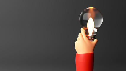 Poster - 3D Render Of Human Hand Holding Illuminated Light Bulb And Copy Space On Black Backgound.