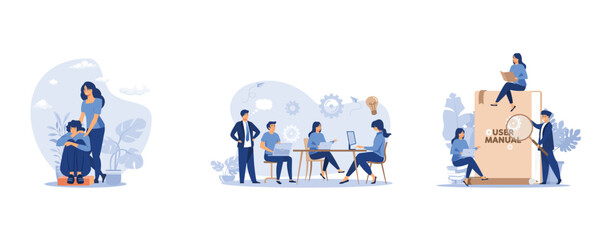 Woman giving comfort and support to friend, keeping palms on her shoulder, Company employees planning task and brainstorming, Tiny people with guide instructions or handbooks, set flat vector modern i