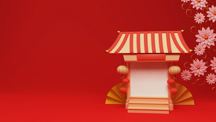 Sticker - 3D Render Of Chinese House Or Temple Decorated By Traditional Lanterns With Paper Fans, Beautiful Flowers On Red Background And Copy Space.