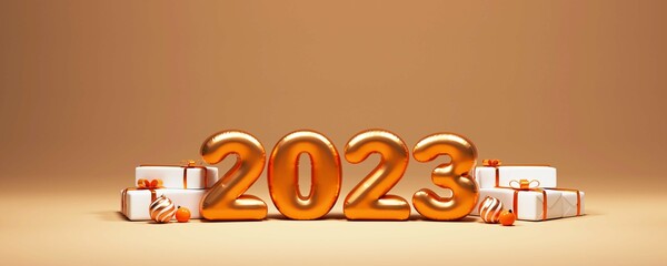3d balloon 2023 number with gift boxes, baubles on bronze background. banner or header design.