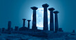 Ruins of ancient city Assos with temple of Athena Full Moon in the background - Canakkale, Turkey 