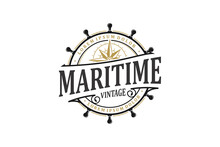 Maritime Nautical Logo Design Rounded Shape Steering Wheel Icon Symbol Wind Rose Illustration