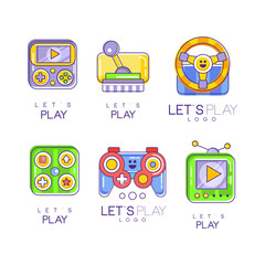 Sticker - Lets play logo design set. Gaming controller, gamepad badges for initial esport tournament, cyber sport, electronic device store vector illustration