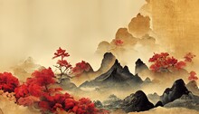 Chinese and Japanese oriental painting with golden texture. Golden wavy background in oriental vintage style. Template design for a wallpaper. 3D render. Raster illustration.