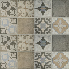 Aufkleber - Old beige gray vintage worn geometric shabby mosaic ornate patchwork motif porcelain stoneware tiles, square stone concrete cement tile mirror wall texture background