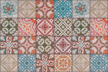 Aufkleber - Old colorful seamless flowers leaves vintage geometric shabby mosaic ornate patchwork motif porcelain stoneware tiles, square mosaic stone concrete cement tile mirror wall texture background pattern..
