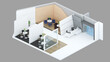 Isometric view of a office area,reception and meeting room, 3d rendering.