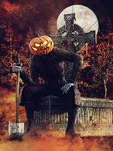 Halloween Monster With A Pumpkin Head Holding An Axe And Sitting On A Tombstone At Night. 3D Render.